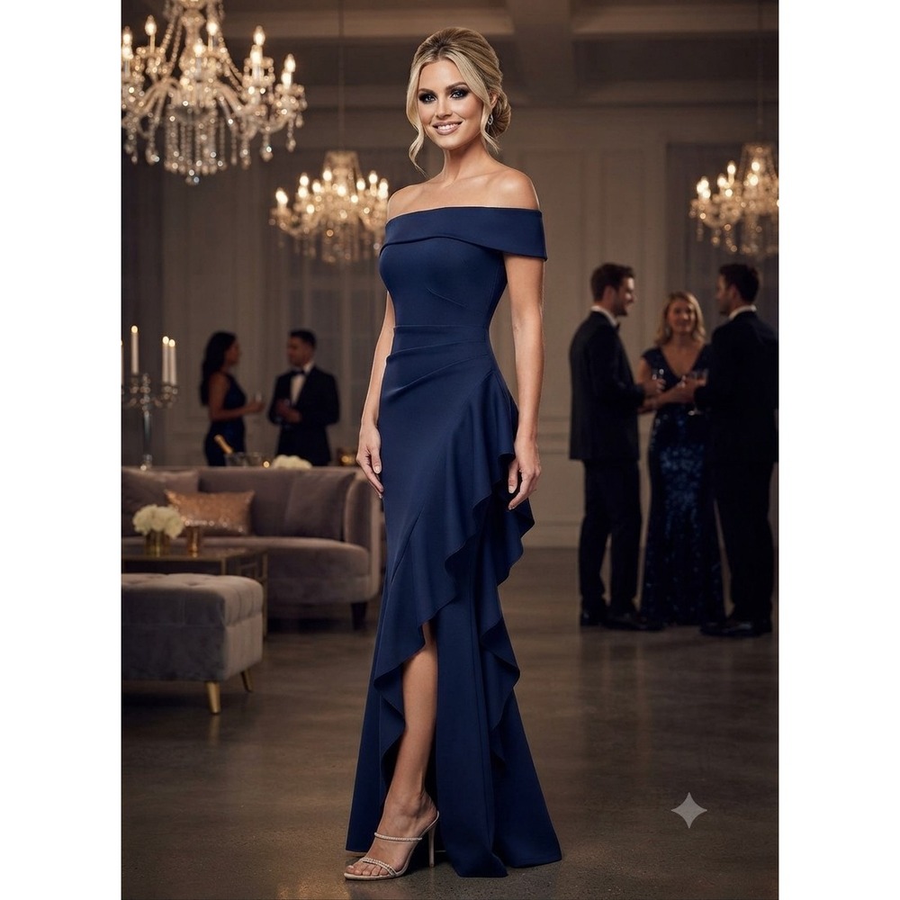 Xscape Midnight Navy Blue Off The Shoulder Ruffled Side Slit Gown 6 Dress Scuba